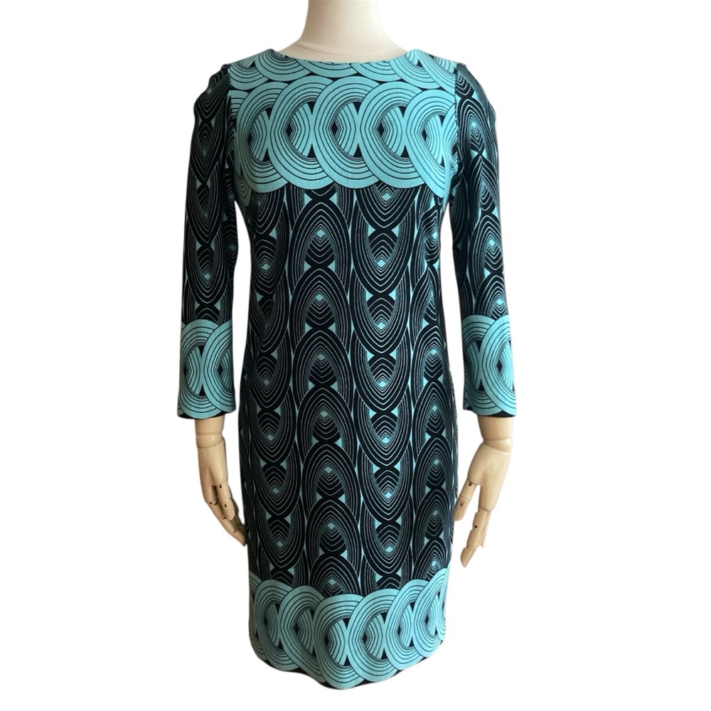 TAYLOR | Blue Black Colorblock Sheath Dress Size 8 Bracelet Sleeve Office